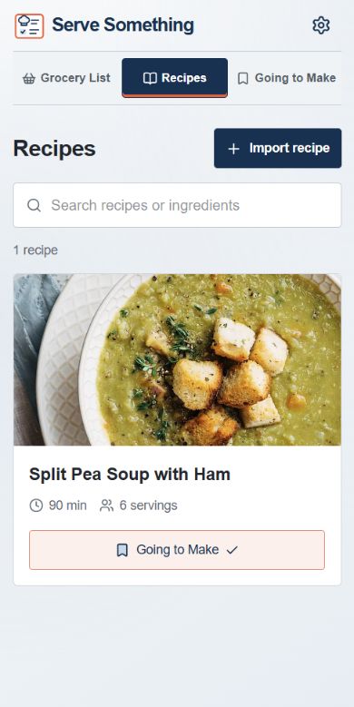 Serve Something mobile recipe collection showing Split Pea Soup with Ham